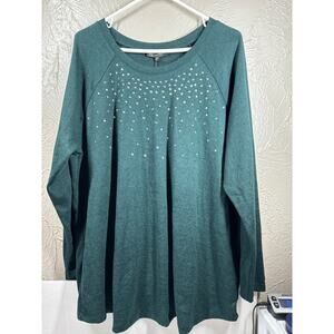NWT DG2 Diane Gilman Green Rhinestone Accent Long Sleeve Top Womens Plus Size 1X